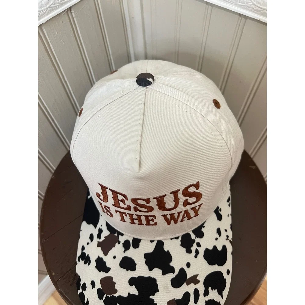 Jesus Is The Way Trucker Hat Cow Print Brim Cream Snapback Baseball Cap